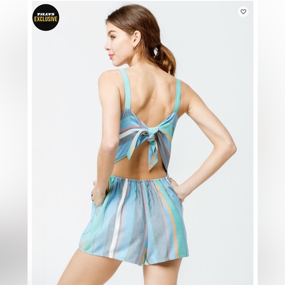 Patrons of Peace Women’s Striped Sweetheart Tie Back Shorts Romper Button Front - Picture 1 of 12